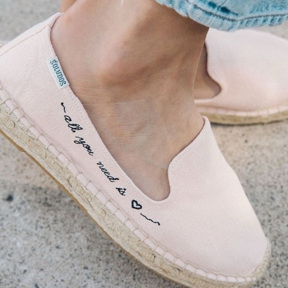 Soludos Pale Pink Canvas Espadrille Slip-On with Embroidered Script